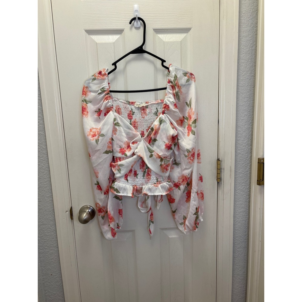 Promesa Floral Smocked Crop Top Long Puff Sleeve Tie Back, Fairy, Boho Large